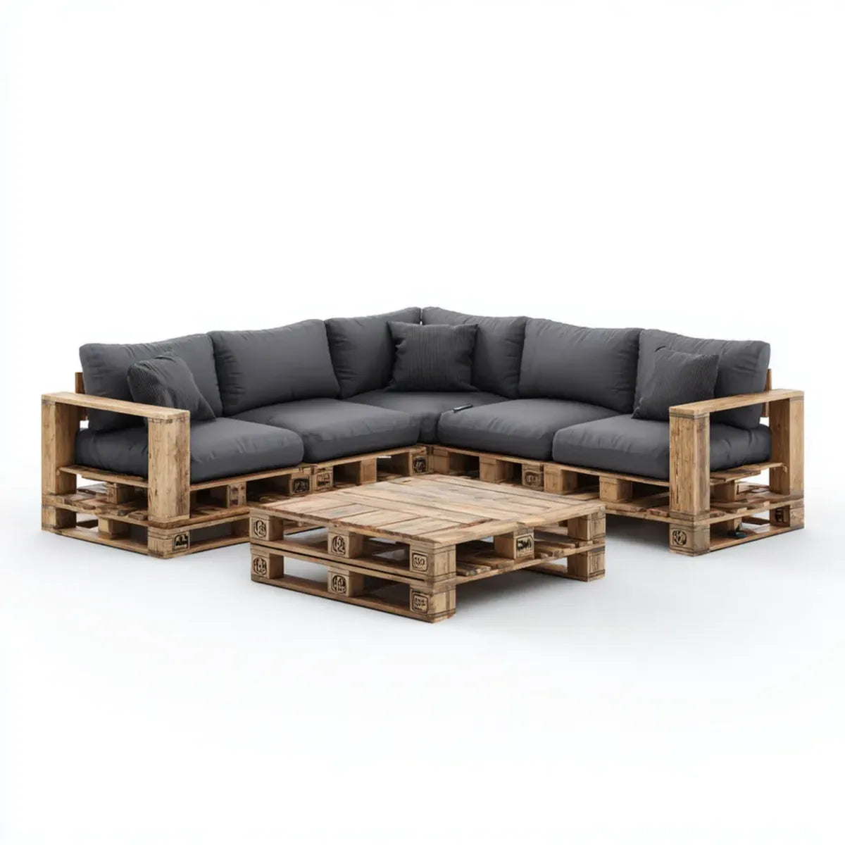 Salon de jardin d'angle 5 places gris anthracite en bois de pin massif avec table basse 240 x 240 x 65 cm