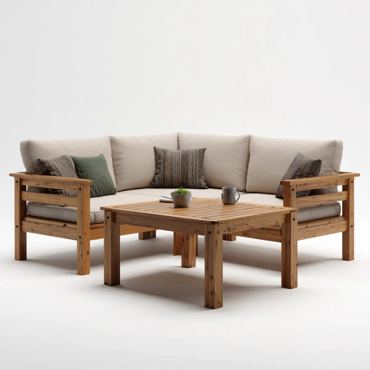 Salon de jardin d'angle 3 pièces beige en bois d'acacia massif avec coussins 220 x 220 x 70 cm
