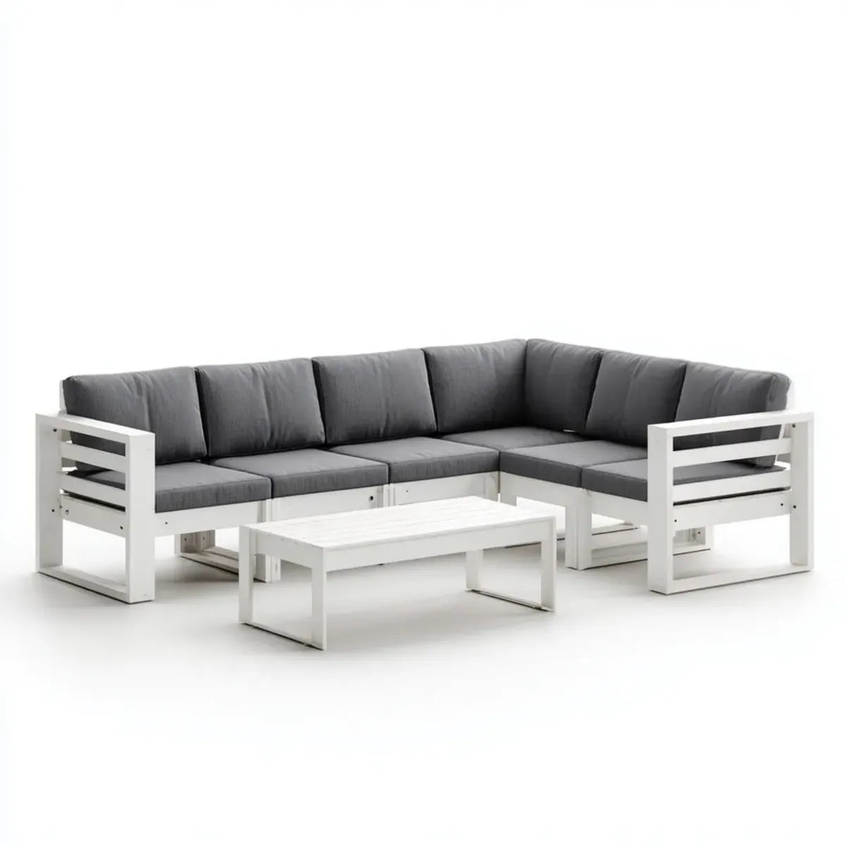 Salon de jardin d'angle 5 places blanc et gris en aluminium avec coussins 250 x 190 x 65 cm
