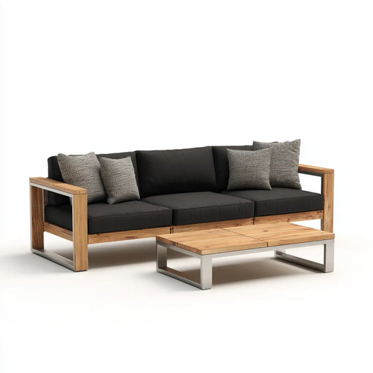 Salon de jardin 2 pièces canapé 3 places et table basse rectangulaire noir naturel en bois massif et acier 220 x 85 x 70 cm