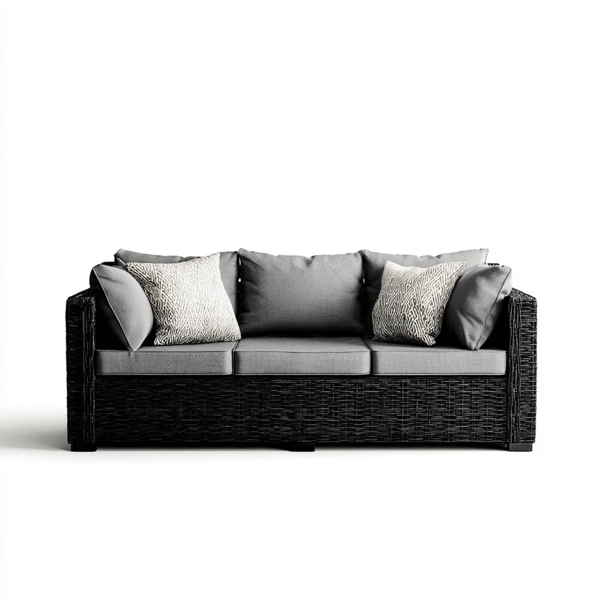 Canapé de jardin 3 places rectangulaire noir et gris en résine tressée avec coussins 220 x 90 x 80 cm