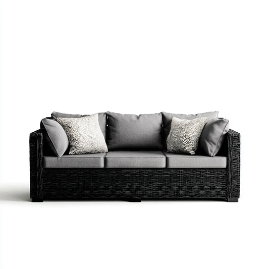 Canapé de jardin 3 places rectangulaire noir et gris en résine tressée avec coussins 220 x 90 x 80 cm