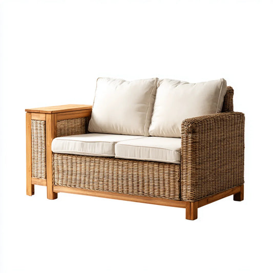 Canapé de jardin 2 places avec table d'appoint beige et marron en acacia massif et résine PE tressée rectangulaire 140 x 75 x 85 cm
