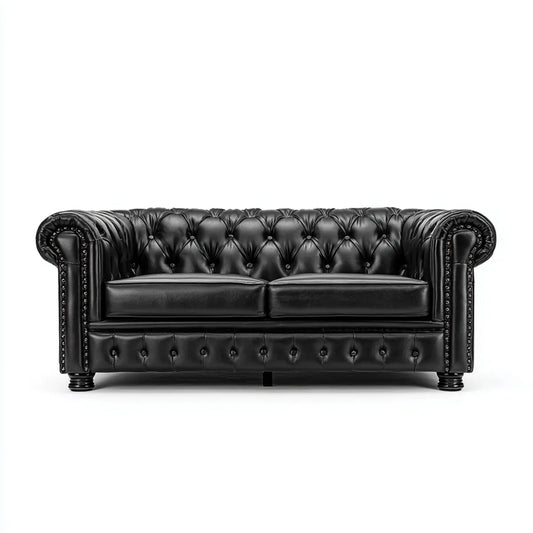 Canapé Chesterfield droit 2 places noir en cuir synthétique PU capitonné 170 x 85 x 72 cm