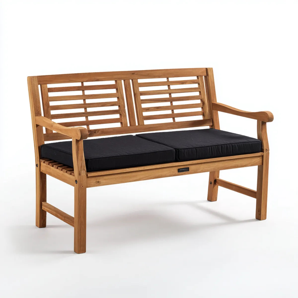 Banc de jardin 2 places en bois d'acacia marron avec coussins noirs 120 x 65 x 90 cm rectangulaire