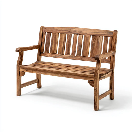 Banc de jardin 2 places marron en bois massif de teck rectangulaire 120 x 65 x 90 cm
