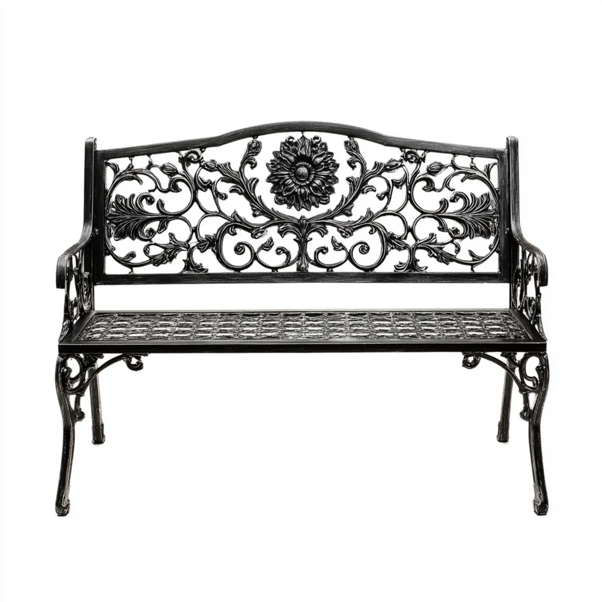 Banc de jardin 2 places noir 122 x 56 x 90 cm en aluminium moulé rectangulaire à dossier ajouré floral