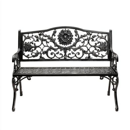 Banc de jardin 2 places noir 122 x 56 x 90 cm en aluminium moulé rectangulaire à dossier ajouré floral