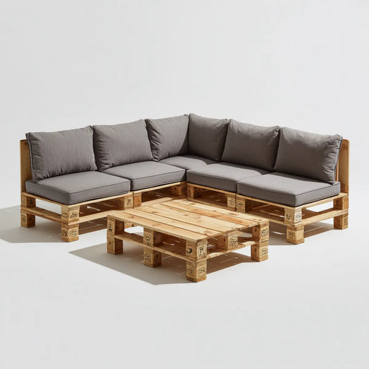 Salon de jardin d’angle 6 places en palettes de pin gris avec table basse 240 x 240 cm