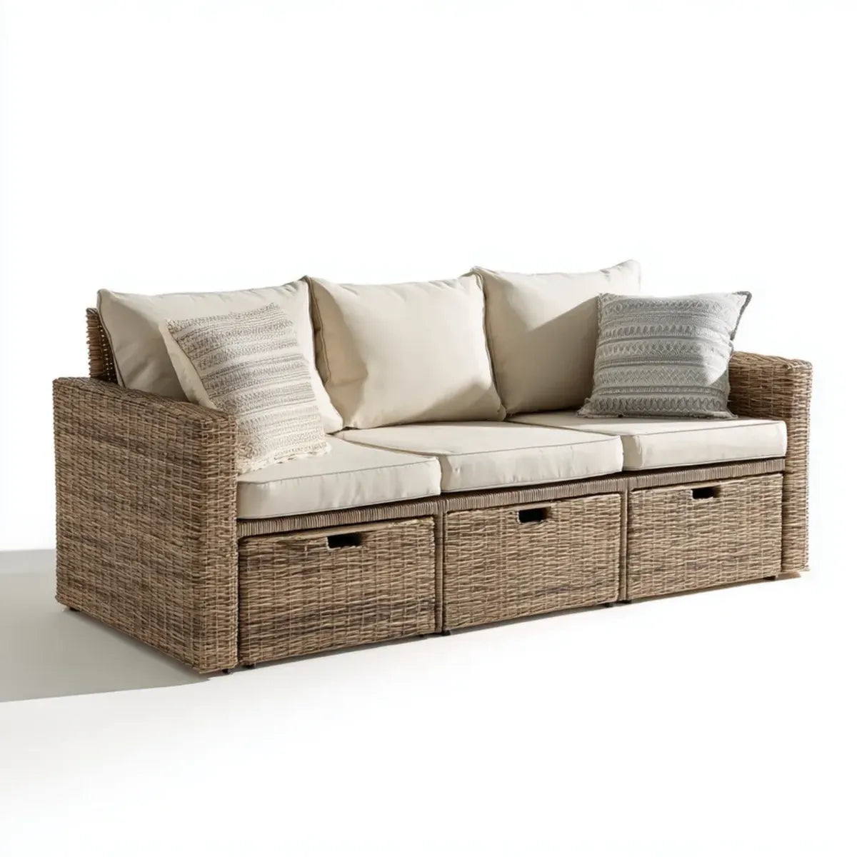 Canapé de jardin 3 places beige et naturel 210 x 80 x 85 cm en résine tressée PE rectangulaire