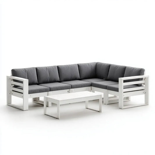 Salon de jardin d'angle 5 places blanc et gris en aluminium avec coussins 250 x 190 x 65 cm