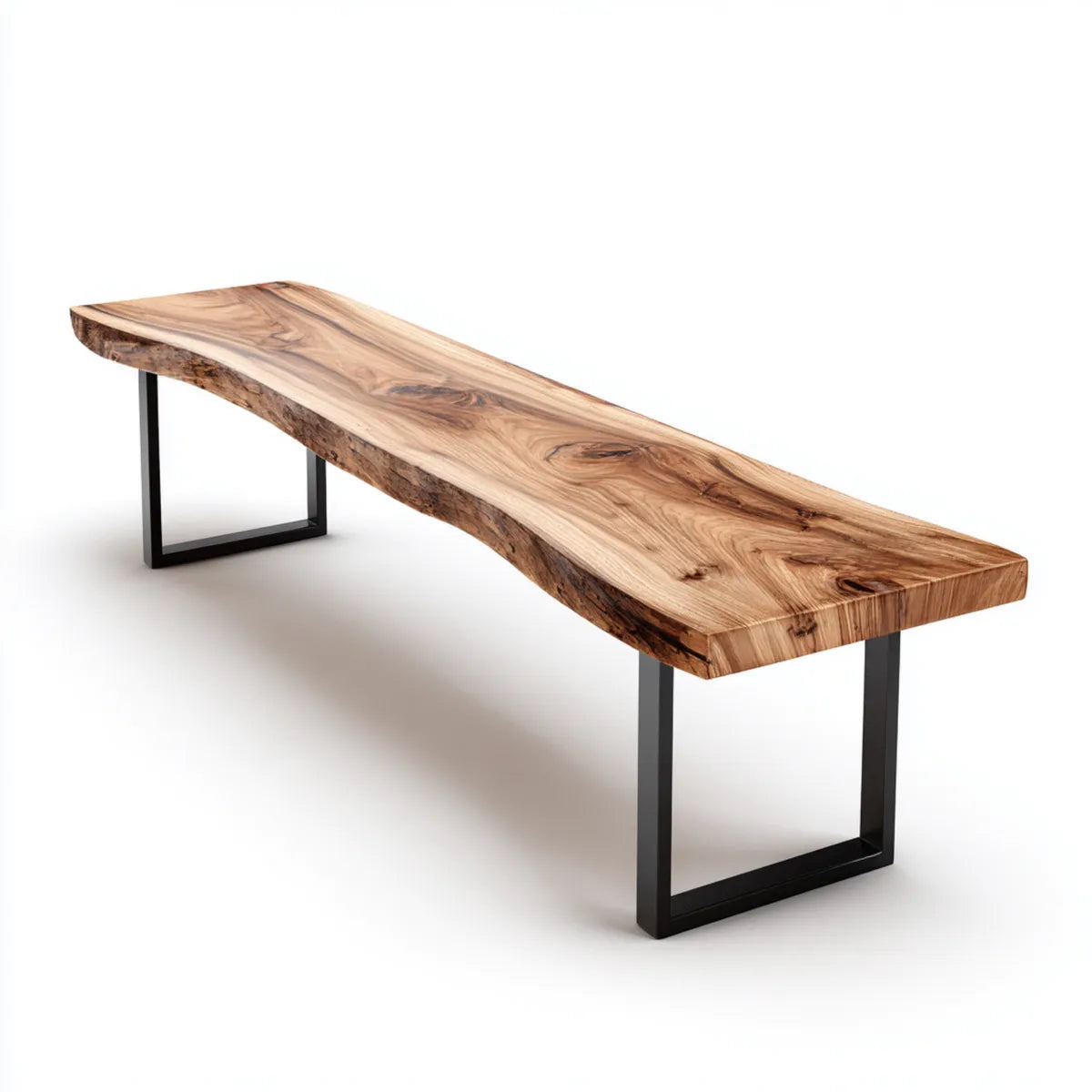 Banc de jardin en bois massif d'acacia naturel avec piétement en acier noir forme rectangulaire à bord naturel 180 x 40 x 45 cm